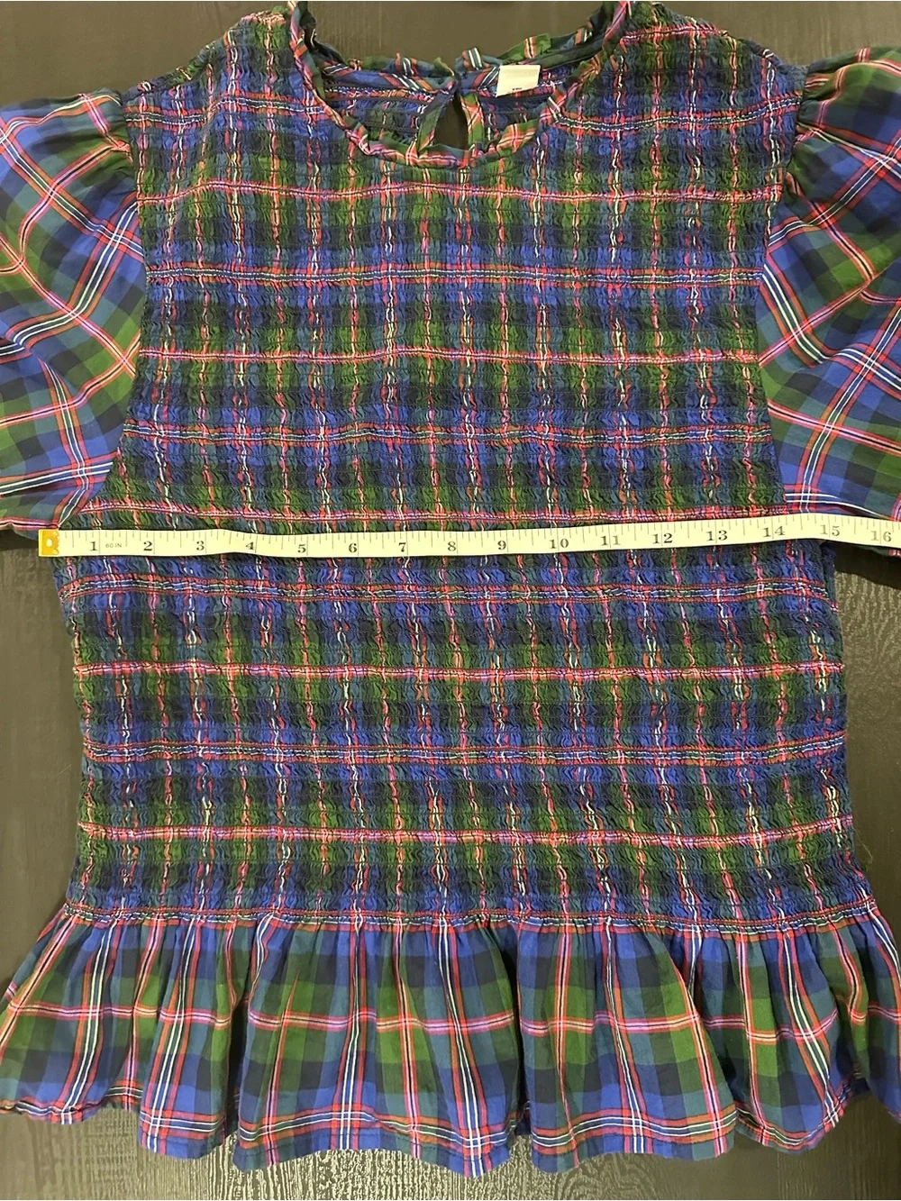 Old Navy Blue & Green Plaid Smocked Peplum Blouse Medium